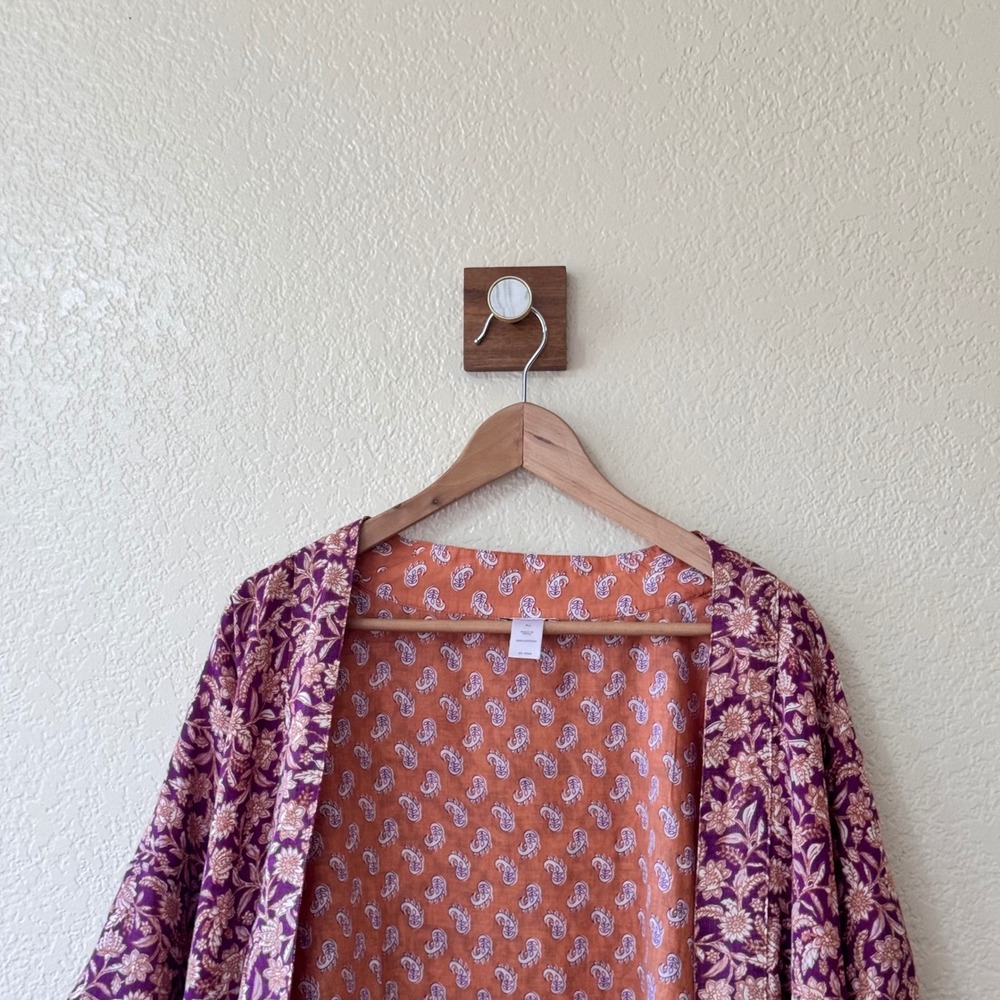 J.Jill Reversible Kimono Cardigan Purple Floral Orange Paisley Cotton S-L - Picture 2 of 15